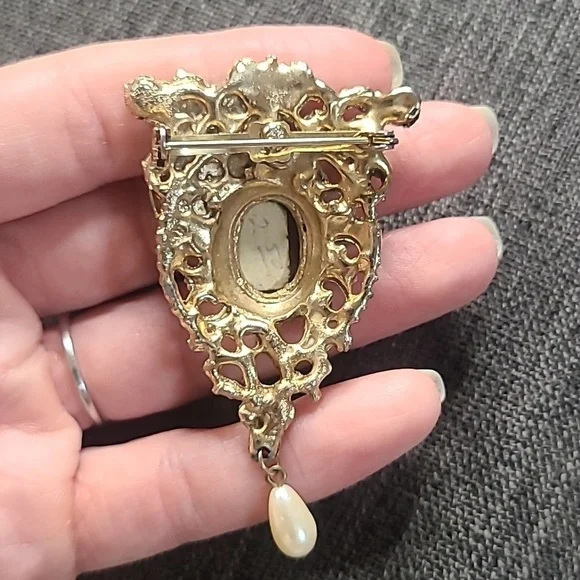 Vintage Gold Tone and Red Stone Brooch with Faux Pearl Drop - Picture 2 of 2